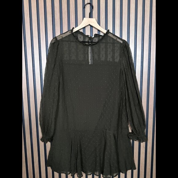 Zara Dress Medium Women Green Textured Long Sleeve Shift Mock Neck Keyhole Sheer - Picture 1 of 7